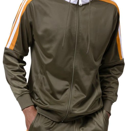 Solid olive Montique Men's Track Suit with Hood jacket, showing sleeves, pockets, zipper, and shoulder.