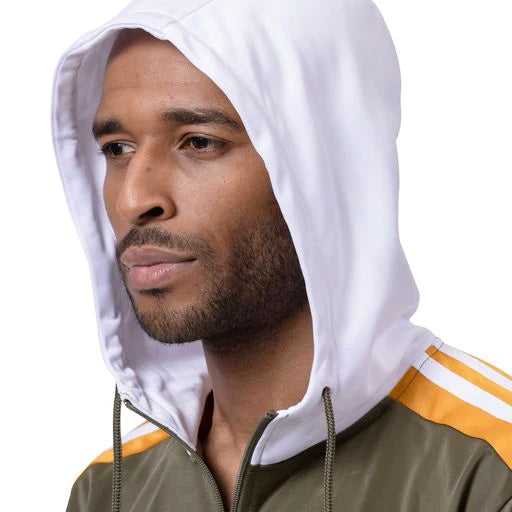 Solid olive Montique Men's Track Suit, featuring a hood, jacket, and pants, on a white background.