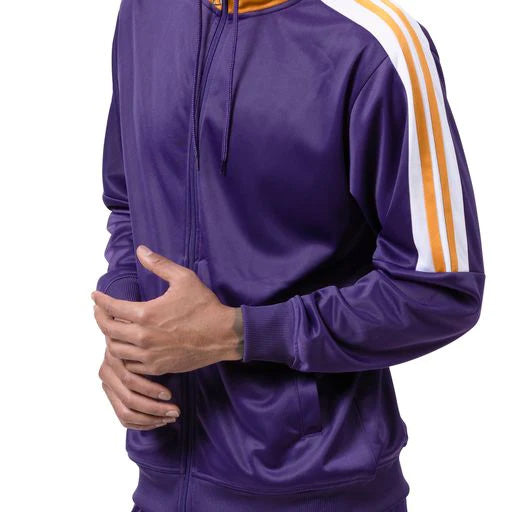 Solid Montique Men's Track Suit with Hood in Purple, showing pocket detail.