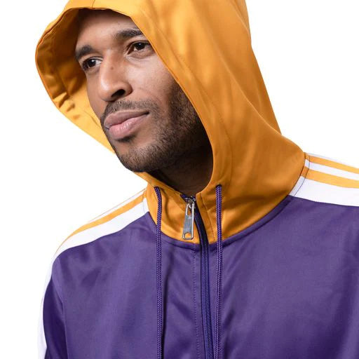 Solid purple Montique Men's Track Suit with Hood, displayed on a white background.