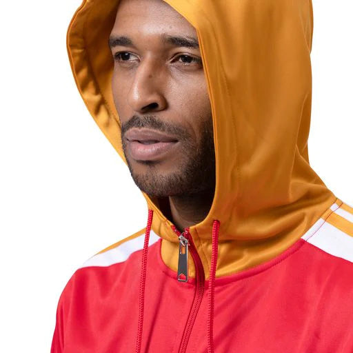 Solid Montique Men's Track Suit with Hood in Red, showing both the hooded top and matching pants, on a white background.