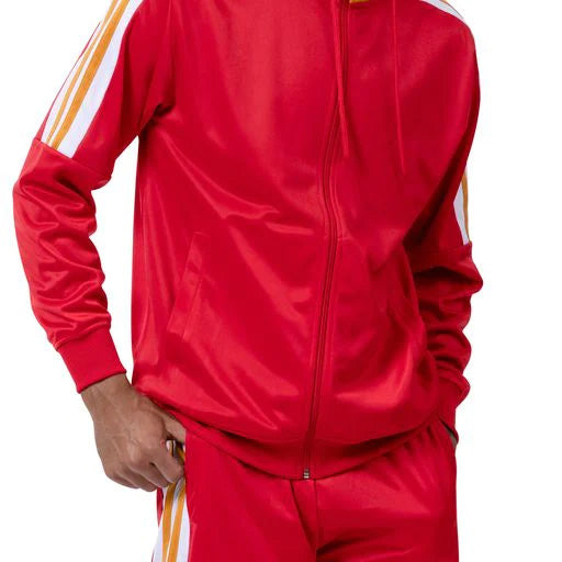 Solid red Montique Men's Track Suit with Hood, including jacket and pants, on a white background.