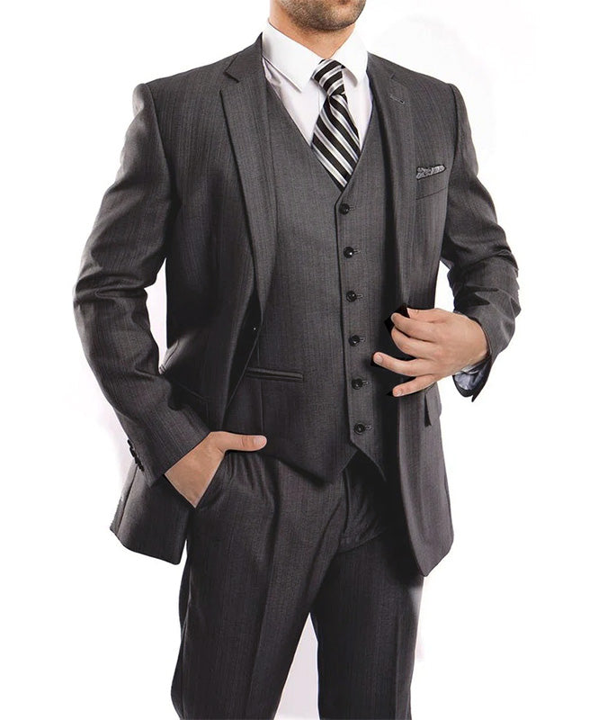 Men's Steel 3 Piece Modern Fit Suit 2 Button V-Neck Vest 56 Long - 50 Waist / Steel