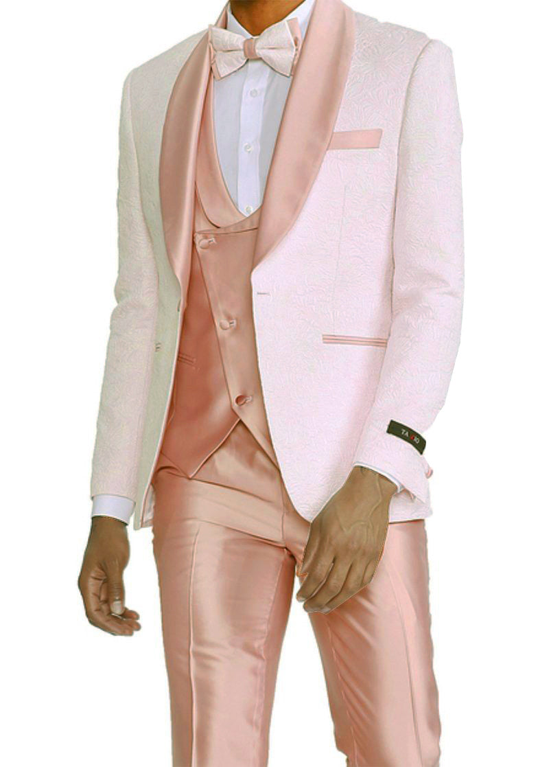 Rose Gold Pink Slim Fit Tuxedo 4 Piece with Satin Shawl Collar Beveled Designed Vest Rose Gold Pink Slim Fit Tuxedo 4 Piece with Satin Shawl Collar Beveled Designed Vest
