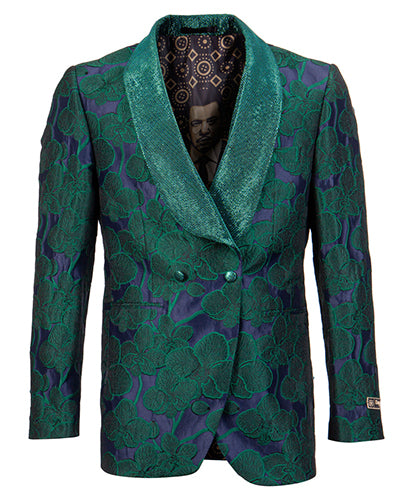 Close-up of the solid green collar on the Tazio Green Slim Fit Dinner Jacket Double Breasted Blazer on a white background.