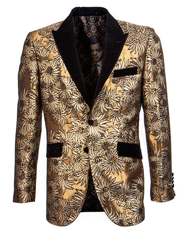 Empire Collection - Slim Fit Gold Floral Pattern Blazer