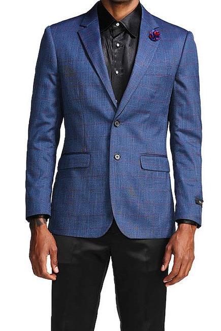 (S, 3XL) Slim Fit Windowpane Blazer 2 Button in Blue