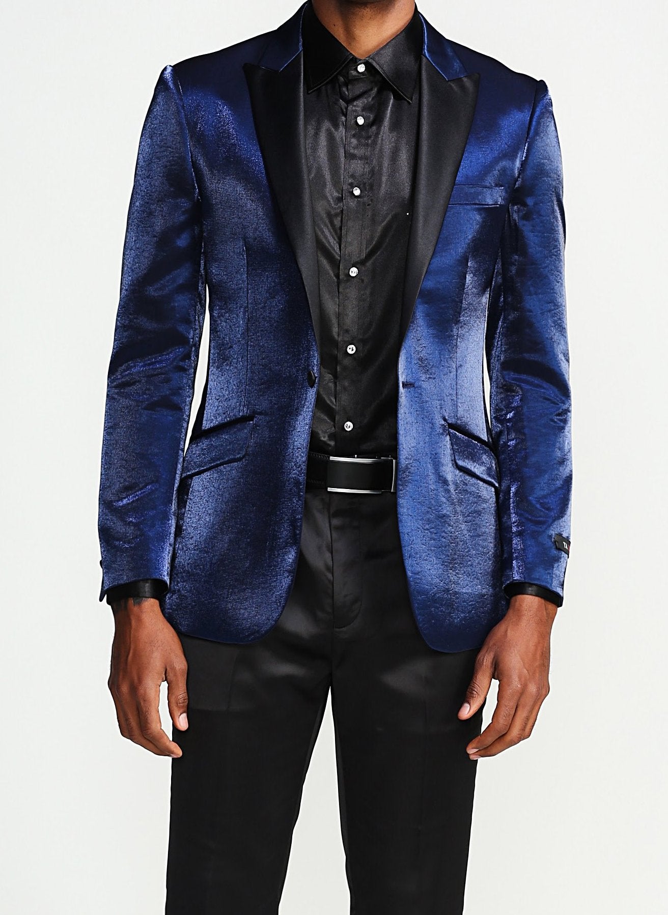 Slim Fit Shine Blazer 1 Button with Satin Peak Lapel in Navy