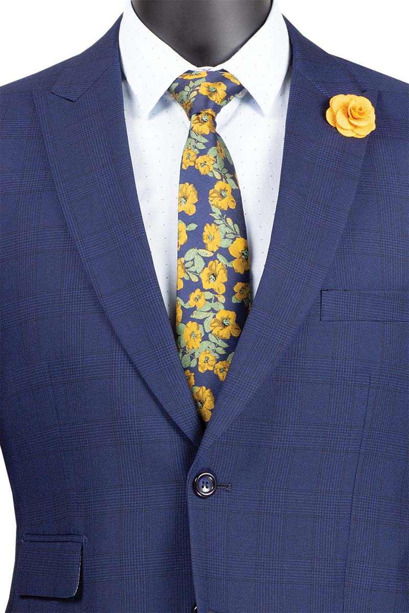 Vinci Modern Fit Windowpane Suit 2 Piece in Blue, showing a windowpane pattern and a tie.