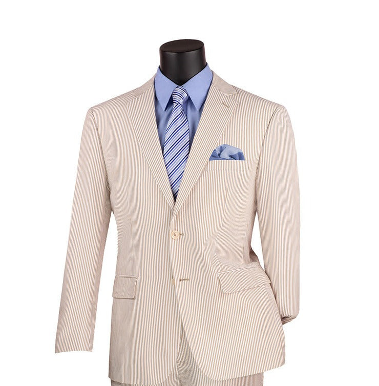 Mens Vested Summer Seersucker Suit in Blue Pinstripe, Blue / 52 Long