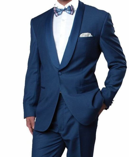 (48L) Blue Slim Fit Tuxedo With Satin Shawl Lapel 1 Button