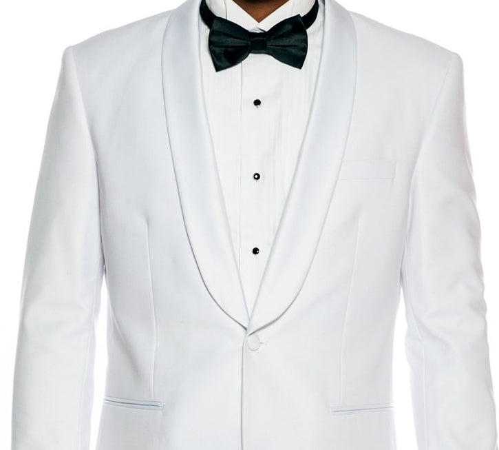 Solid White Slim Fit 2 Piece Tuxedo With Satin Shawl Lapel jacket, featuring buttons, collar, tie, and bow tie.