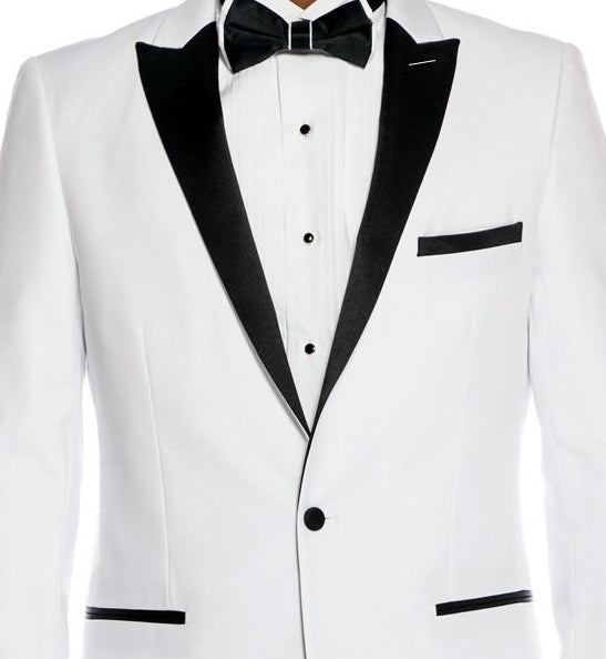 Solid Slim Fit 2 Piece White Tuxedo jacket, featuring front buttons, a visible shirt collar, and a bow tie.