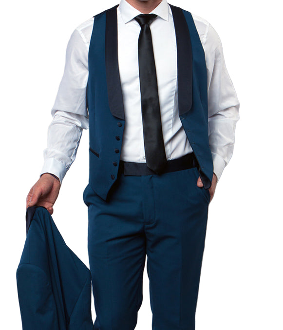 Man wearing a blue vest and pants with a white shirt and black tie on a white background