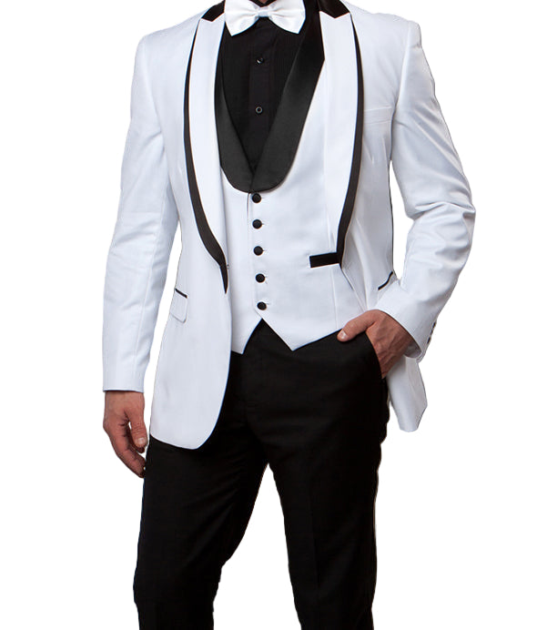 A solid White Slim Fit 3 Piece Satin Shawl Lapel Tuxedo jacket with a tie, bow tie, collar, button, and pockets.