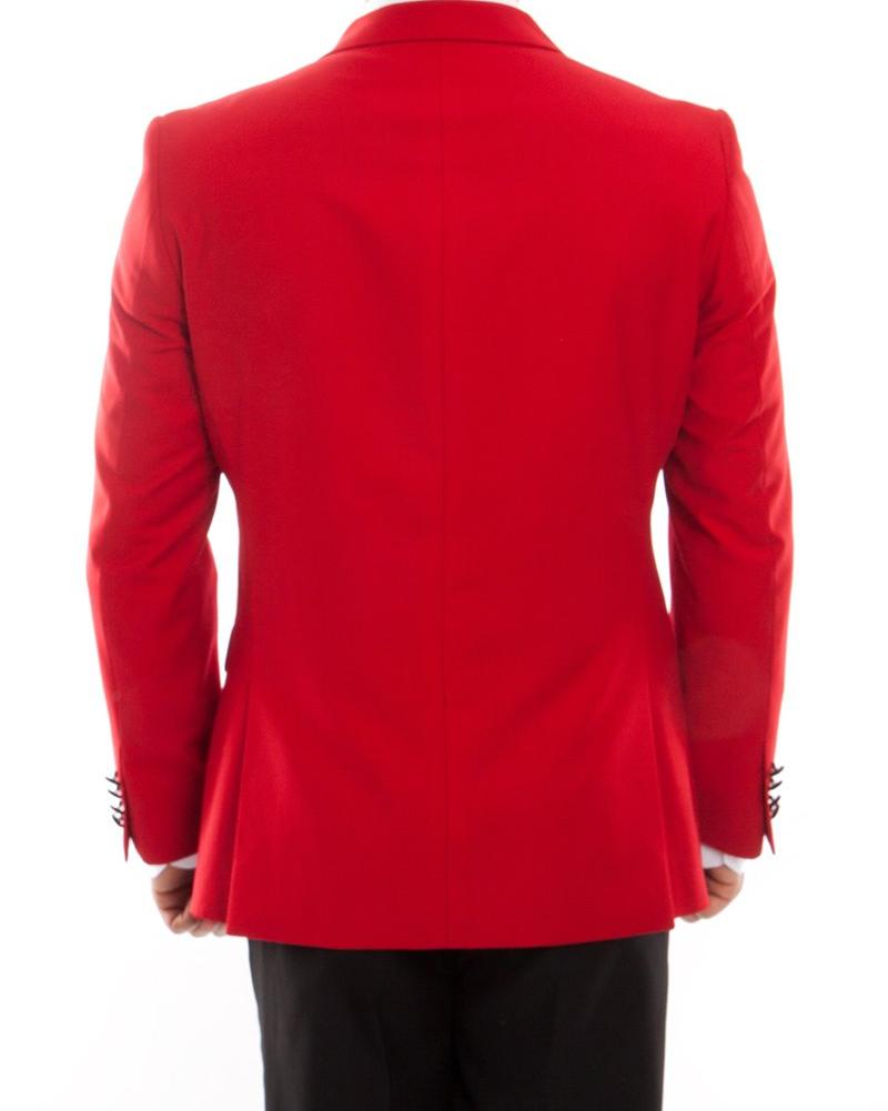 Solid Slim fit Double Breasted Red Tuxedo jacket with collar and visible buttons.