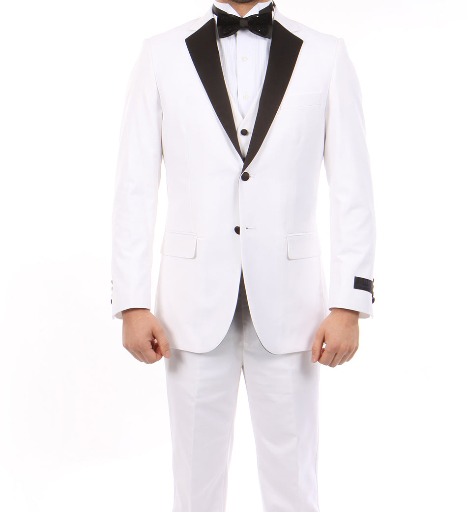 Tazio White Modern Fit Tuxedo 3 Piece blazer, solid white, with black lapel, showing buttons, collar, and a bow tie.