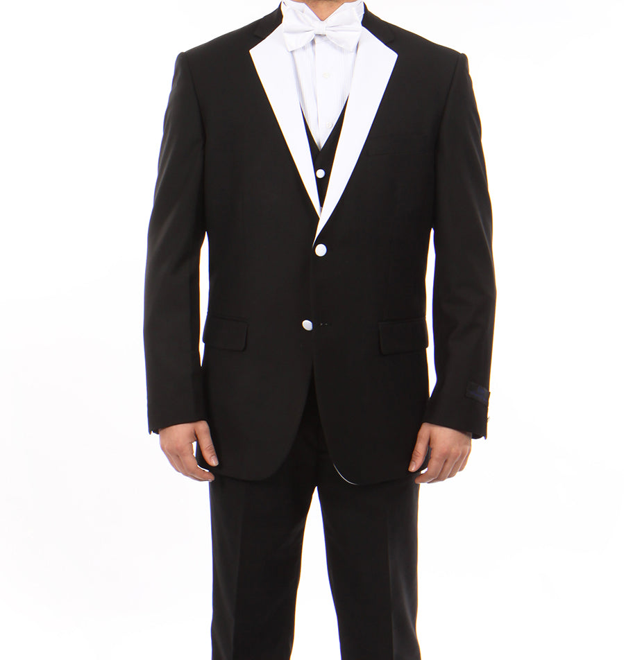 Solid Black Modern Fit 3 Piece Tuxedo, White Lapel, 6 Button Vest, tie, bow tie, collar, buttons, pockets, white background.