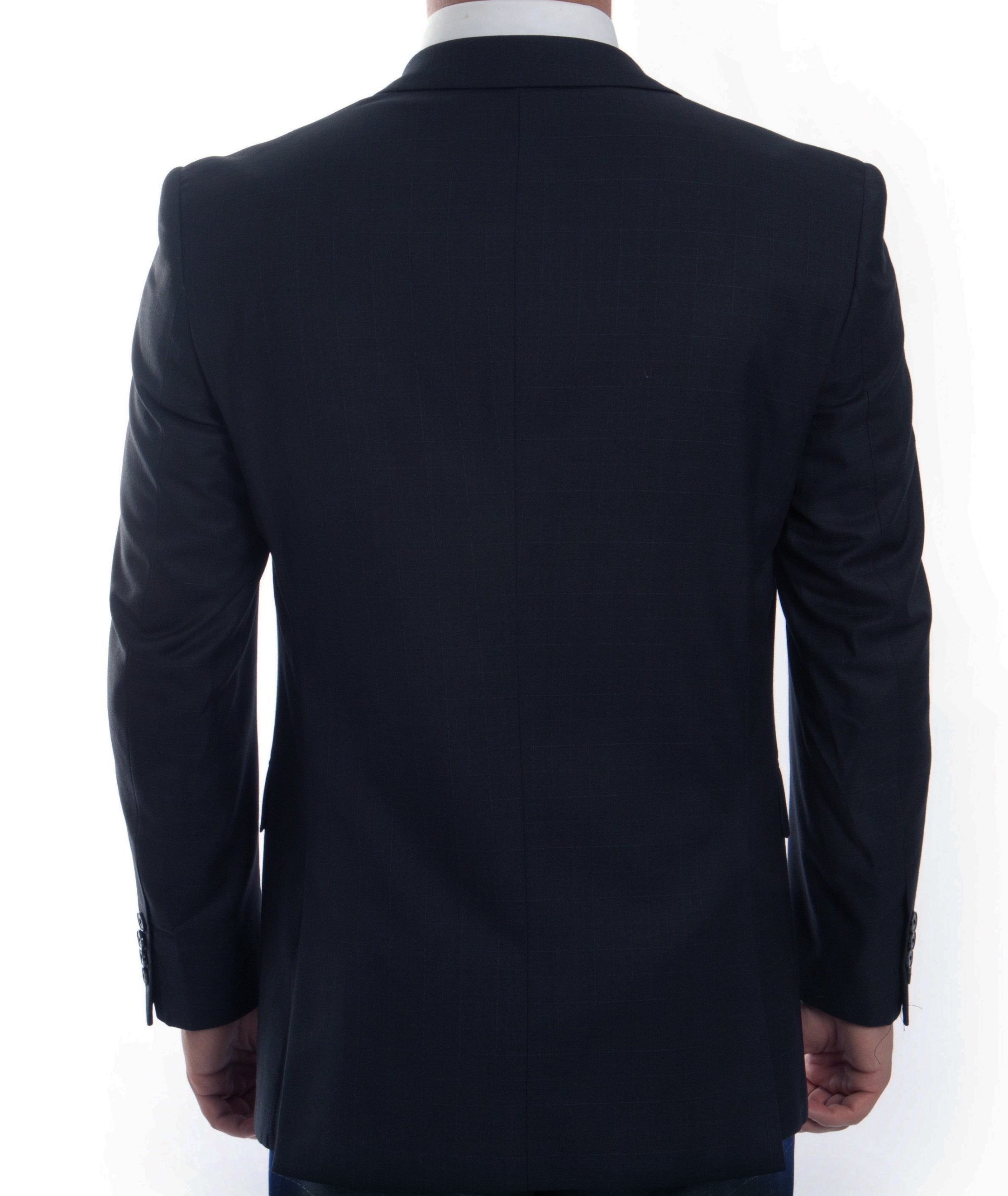 Tazio Modern Fit 3 Piece Fine Wool Suit Windowpane Navy jacket, showing collar, buttons, and pocket details.