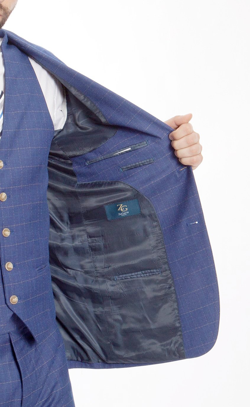 Tazio Modern Fit 3 Piece Fine Wool Suit Windowpane Blue jacket with collar, buttons, and pockets.