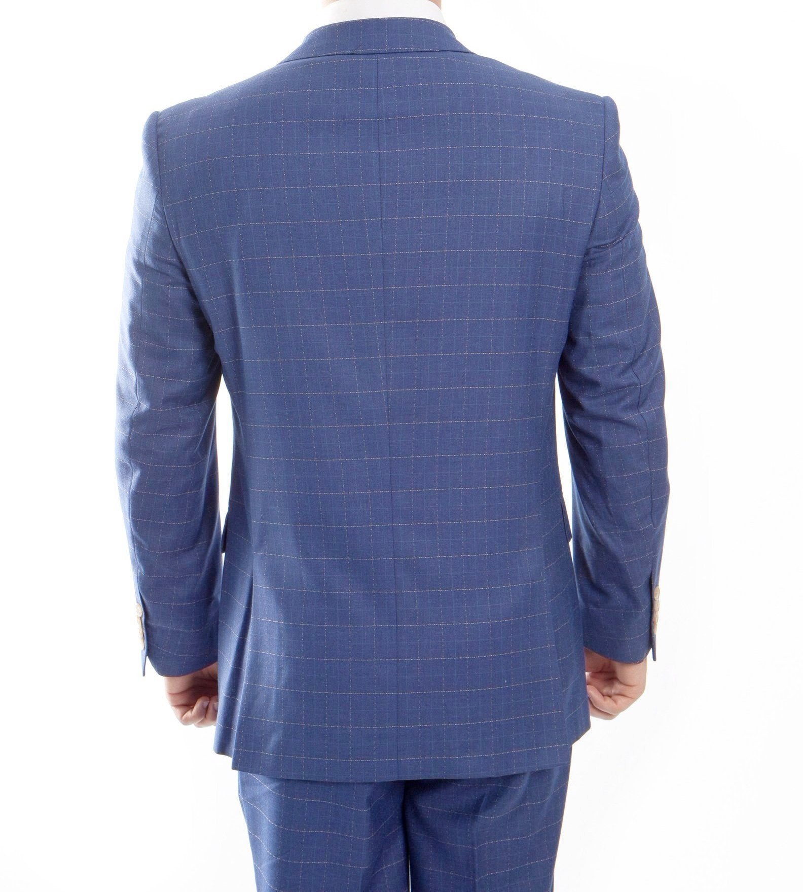 Modern Fit 3 Piece Fine Wool Suit Windowpane Blue jacket, checkered, on a white background.
