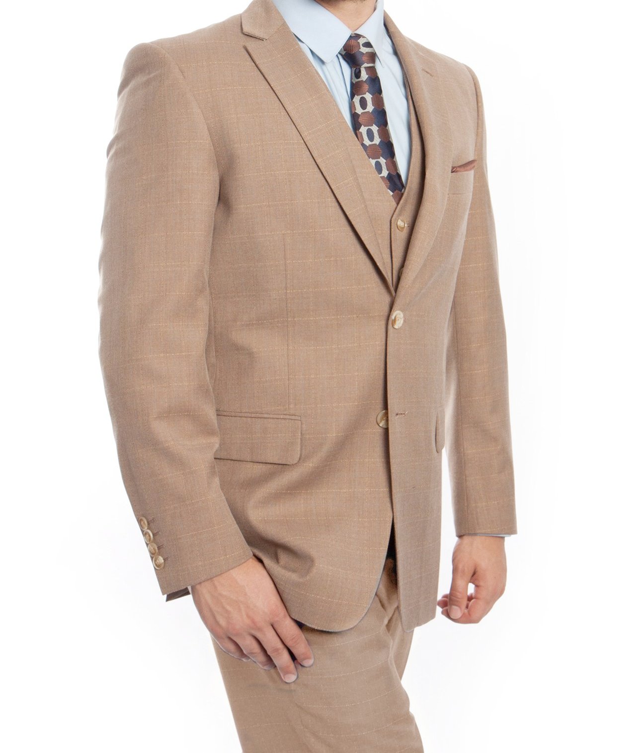 Modern Fit 3 Piece Fine Wool Suit Windowpane Tan