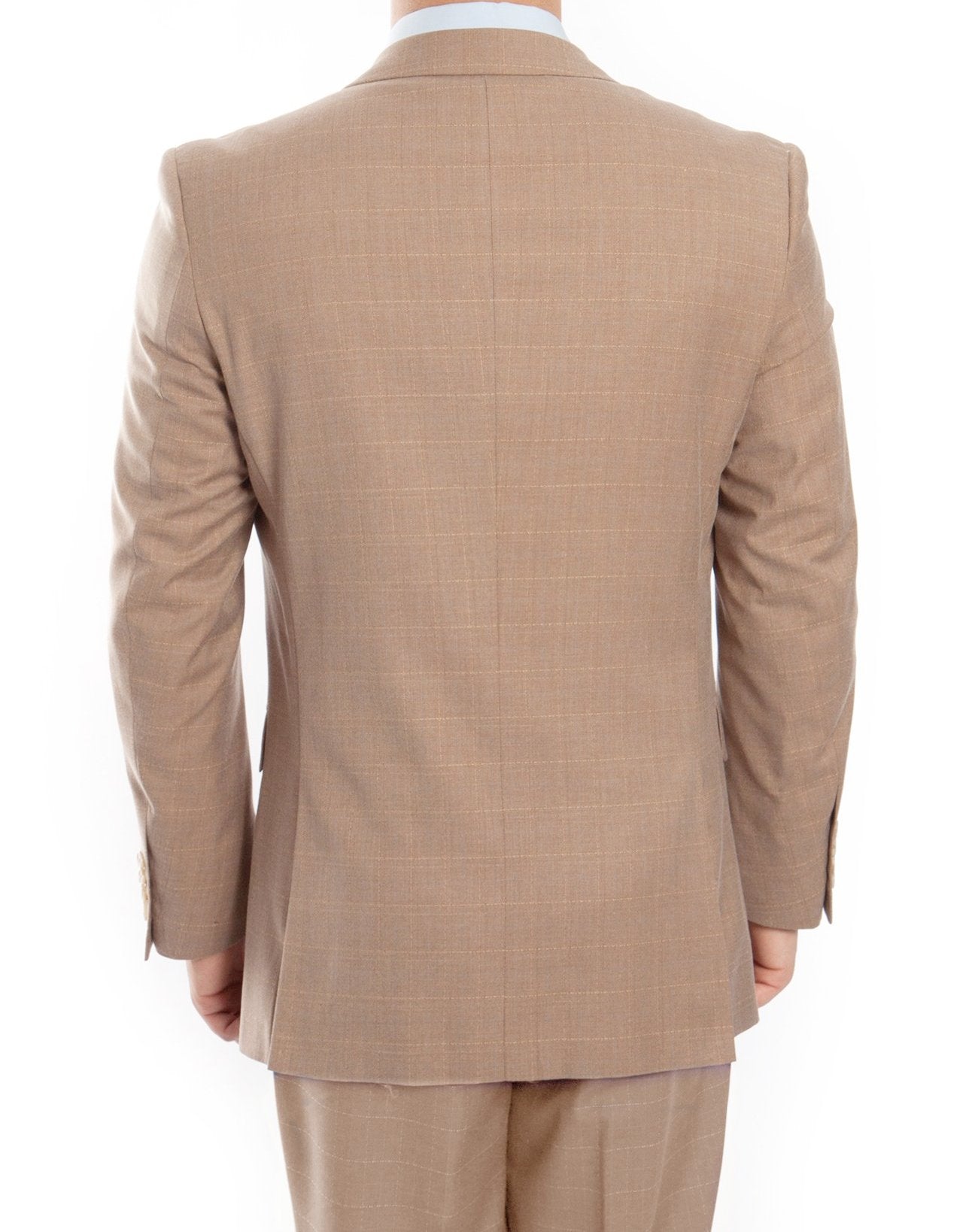 Tazio Modern Fit 3 Piece Fine Wool Suit Windowpane Tan, with a checkered pattern, showing jacket, vest, and trousers.