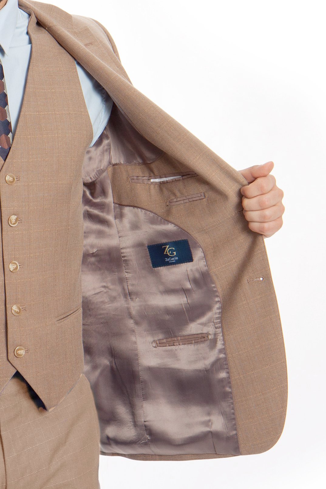Modern Fit 3 Piece Fine Wool Suit Windowpane Tan jacket, showing checkered pattern, collar, buttons, and pocket.