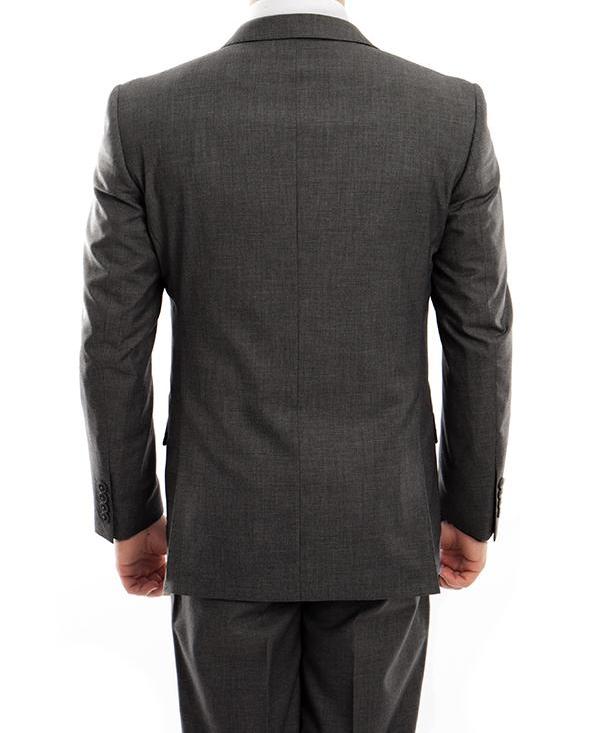Solid dark gray Tazio Arezzo Collection 100% Wool Modern Fit Italian Style 2-piece suit jacket, showing the collar.
