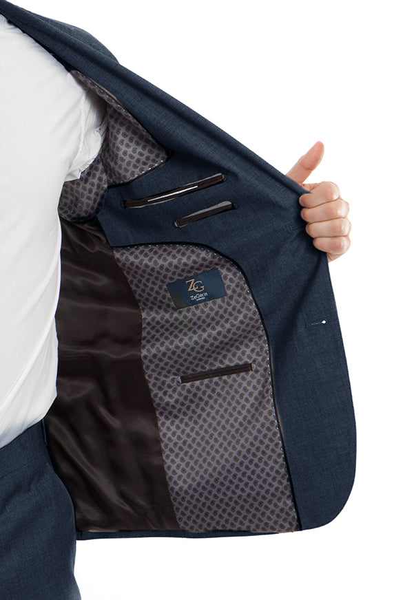 Solid Tazio Arezzo 100% Wool Modern Fit Italian Style Indigo 2-piece suit jacket with tie, collar, buttons, pocket.