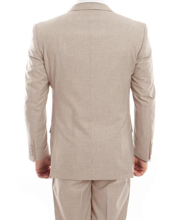 Tazio solid tan 100% Wool Modern Fit Italian Style 2-piece suit jacket showing collar and front buttons.