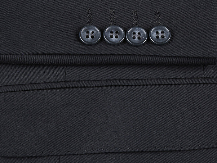 Close-up of solid black Renoir Half Canvas Wool Dress Suit buttons, collar, and pocket detail.