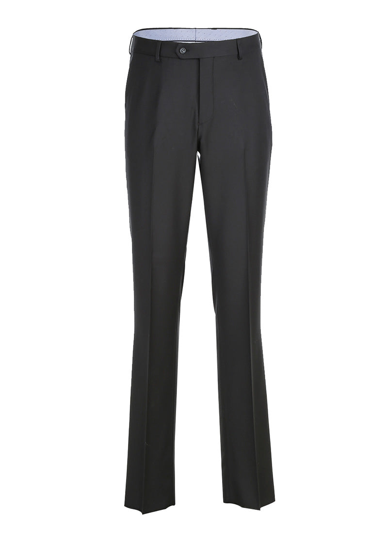 Solid Half Canvas Wool Dress Suit Modern Fit 2 Piece in Black trousers showing pocket detail on a white background.