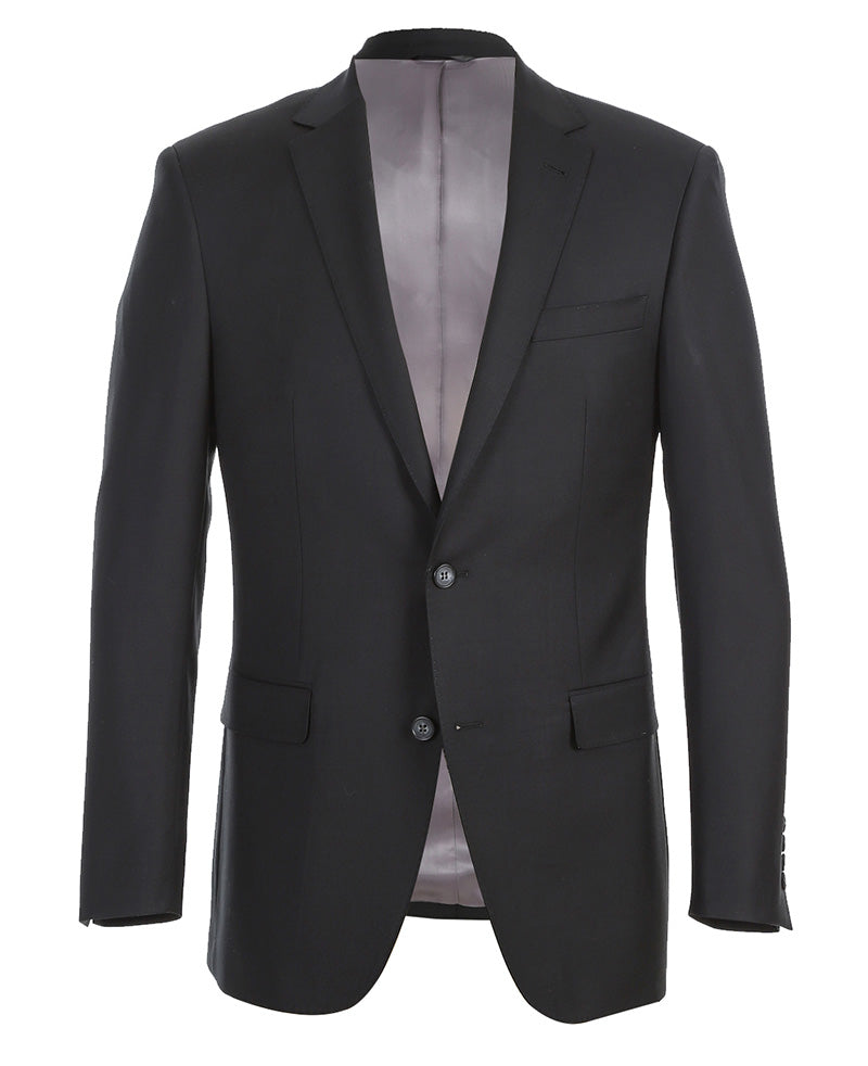 Renoir Half Canvas Wool Dress Suit Modern Fit 2 Piece in Black jacket, solid, showing collar, buttons, and pocket.