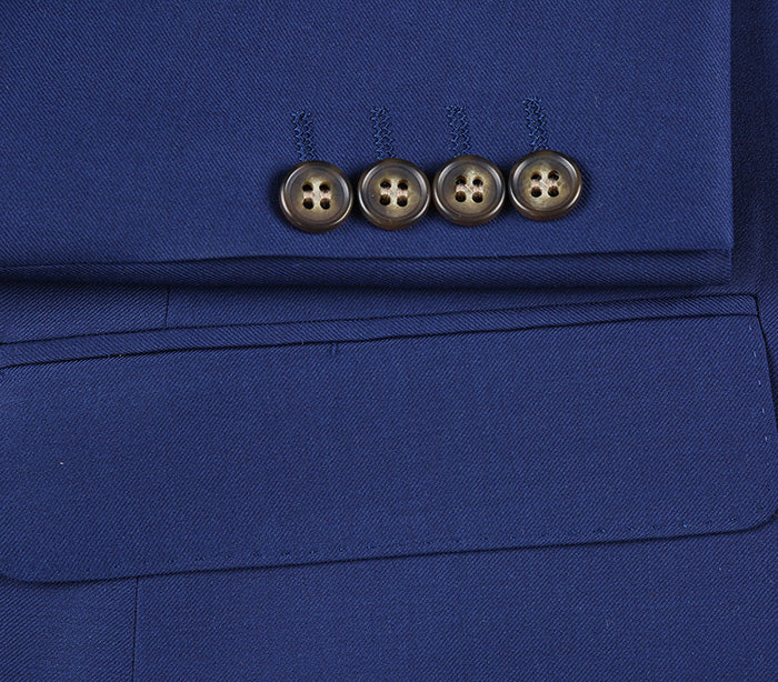 Renoir Half Canvas Wool Dress Suit Modern Fit 2 Piece in Blue solid blazer, showing collar, button, and pocket.
