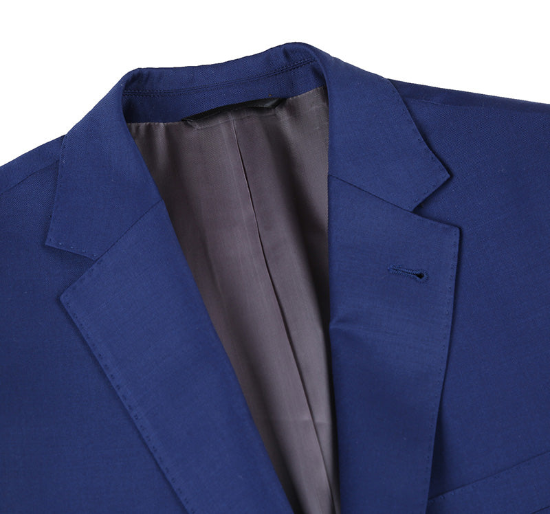 Solid blue Renoir Half Canvas Wool Dress Suit Modern Fit 2 Piece jacket, showing collar, buttons, and pocket.