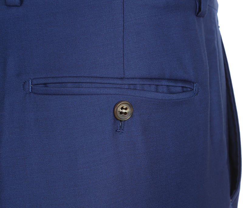Close-up view of a solid button on the Renoir Half Canvas Wool Dress Suit Modern Fit 2 Piece in Blue jacket.