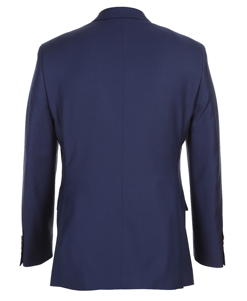 Renoir solid Half Canvas Wool Dress Suit Modern Fit 2 Piece in Blue blazer, featuring collar, buttons, and pocket.