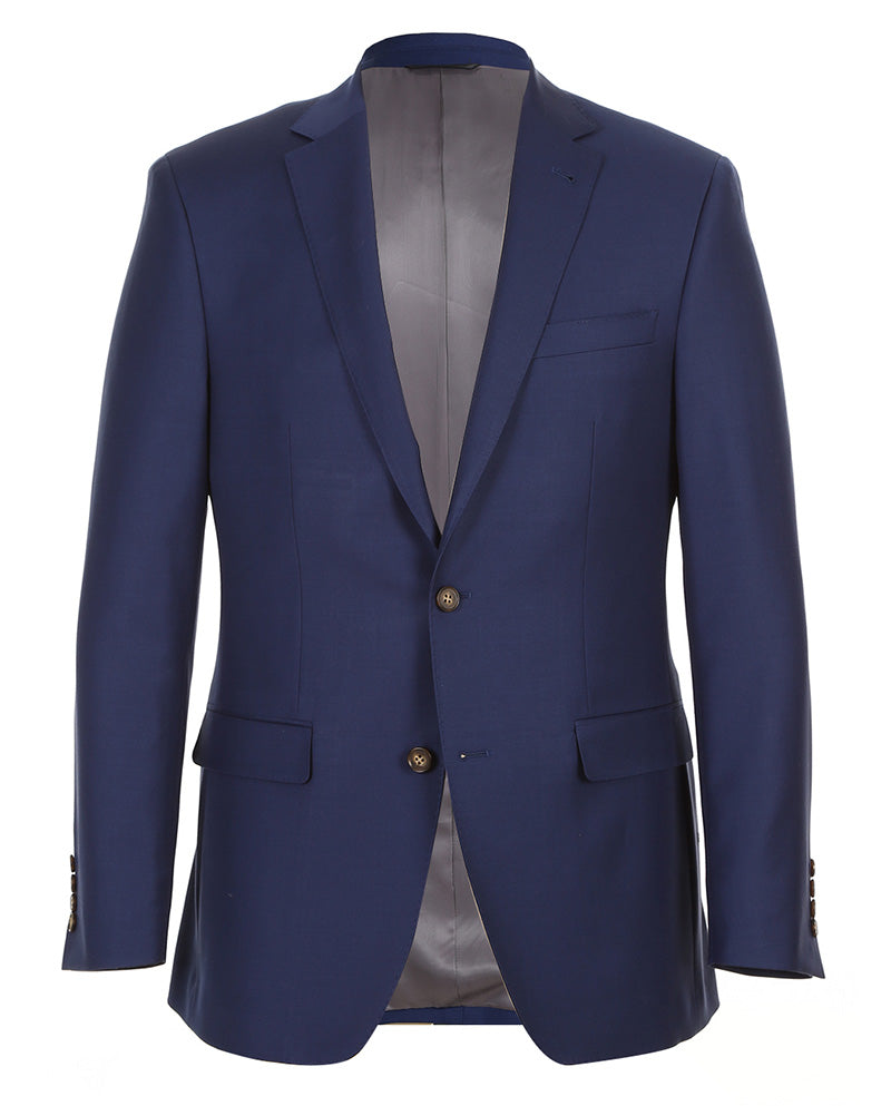 Solid Renoir Half Canvas Wool Dress Suit Modern Fit 2 Piece in Blue jacket, showing collar, buttons, and pocket.