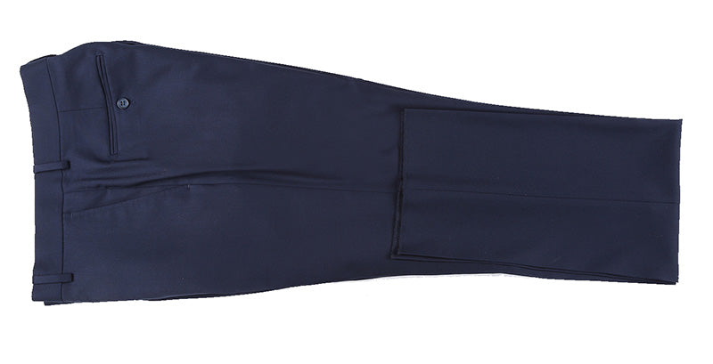 Close-up of solid navy half canvas stretch wool 2-piece dress suit pants.