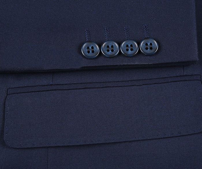 Solid Renoir Half Canvas Stretch Wool Dress Suit Modern Fit 2 Piece in Navy jacket, detailing collar, buttons, and pockets.