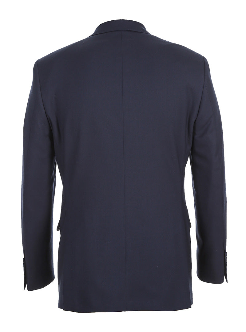 Solid Navy Half Canvas Stretch Wool Dress Suit Modern Fit 2 Piece showing buttons, collar, and pocket.