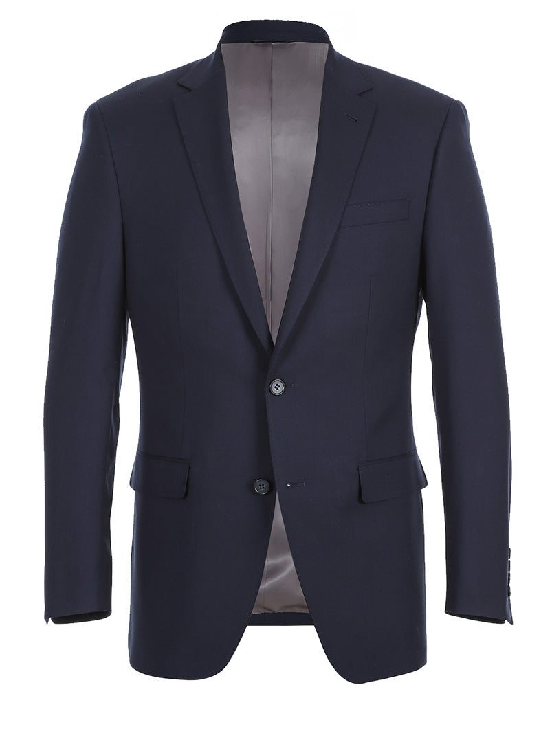 Renoir Half Canvas Stretch Wool Dress Suit Modern Fit 2 Piece in Navy solid jacket featuring collar, buttons, and pocket.
