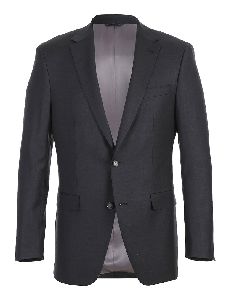 Solid Half Canvas Wool Dress Suit Modern Fit 2 Piece in Charcoal jacket showing collar, buttons, and pocket.