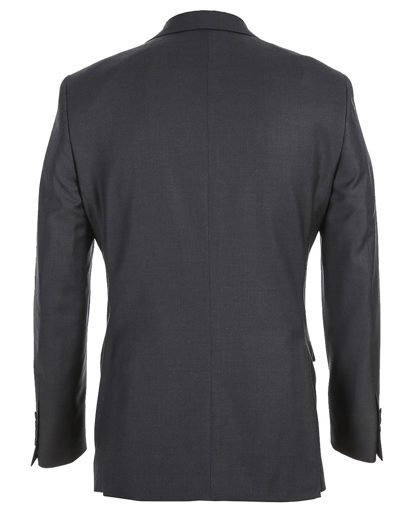 Close-up of the solid charcoal Renoir Half Canvas Wool Dress Suit Modern Fit 2 Piece jacket pocket, with collar detail.