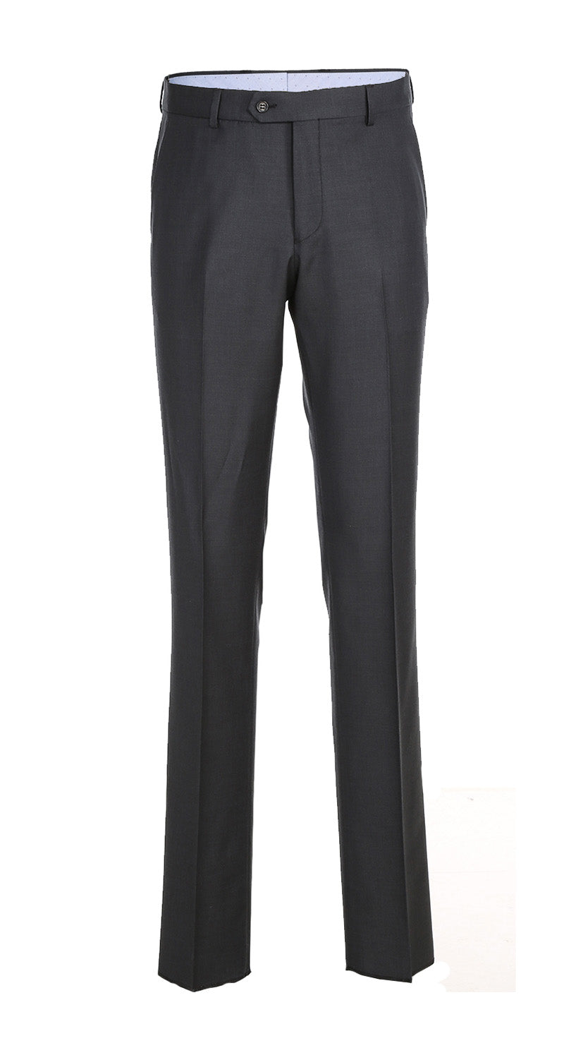 Solid Renoir Half Canvas Wool Dress Suit Modern Fit 2 Piece in Charcoal trousers, with pocket detail on a white background.