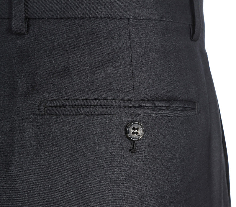 Close-up of solid Charcoal Half Canvas Wool Dress Suit Modern Fit 2 Piece, showing jacket buttons and pocket detail.