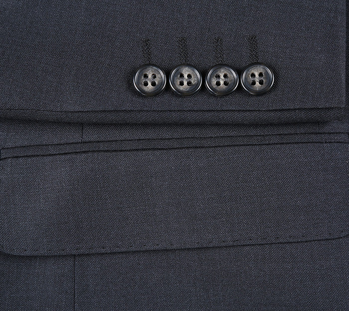 Close-up of the solid Half Canvas Wool Dress Suit Modern Fit 2 Piece in Charcoal, showing buttons, collar, and pocket.