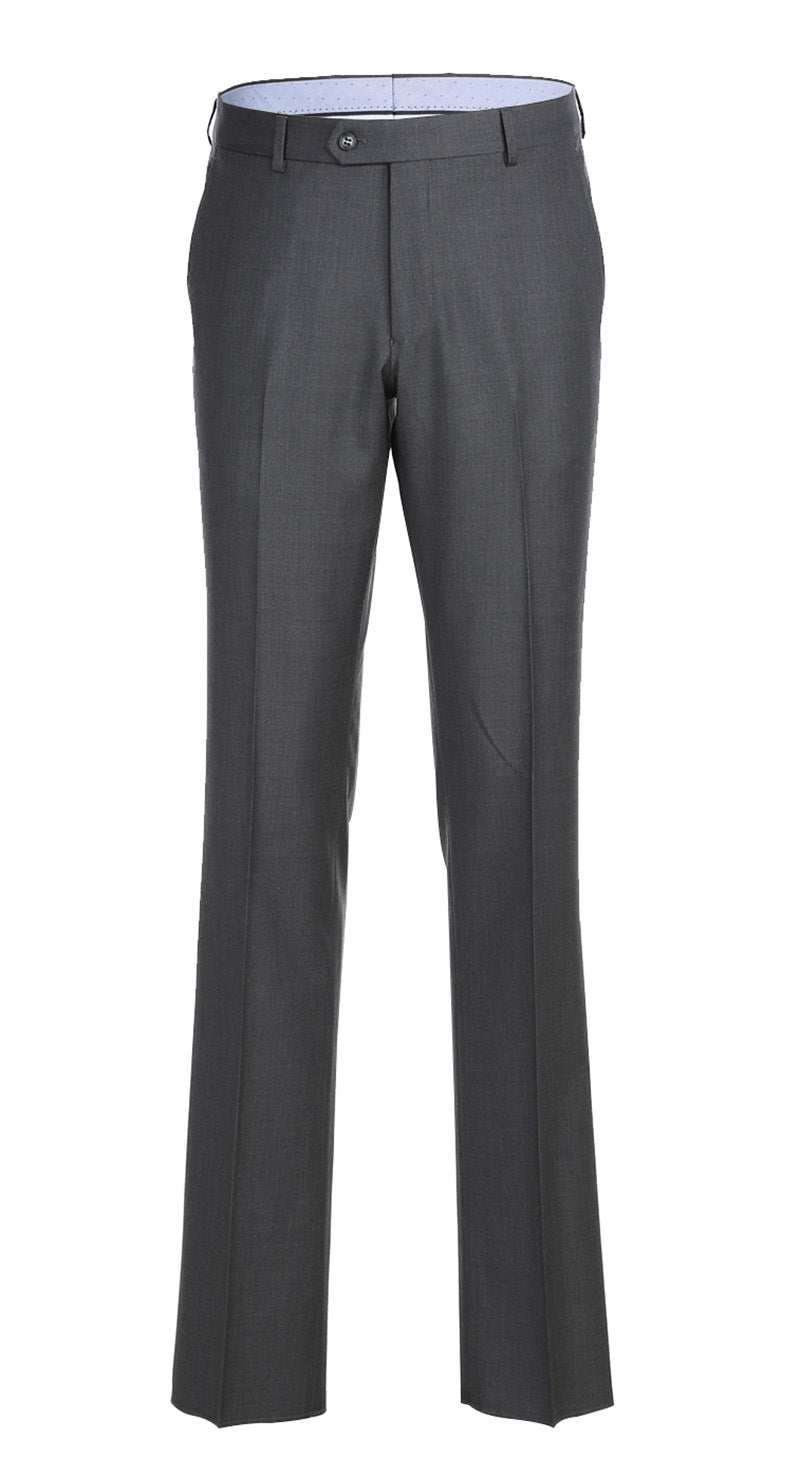 Solid gray Renoir Half Canvas Wool Dress Suit Modern Fit 2 Piece trousers, showing a pocket, on a white background.