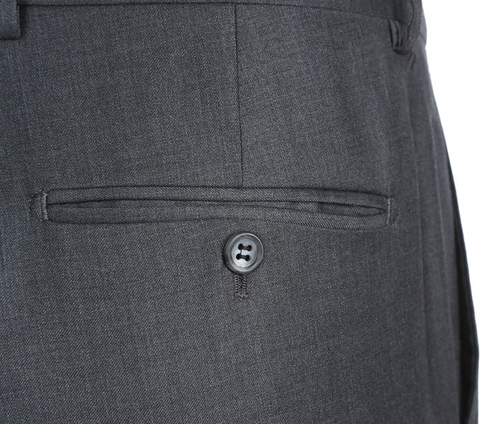 Detailed close-up of a solid gray button on the Renoir Half Canvas Wool Dress Suit Modern Fit 2 Piece.